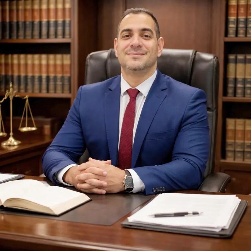 Vitor da Silva Reis, advogado, de terno azul e gravata vermelha, sentado à mesa do escritório, com estantes de livros e a balança da Justiça ao fundo